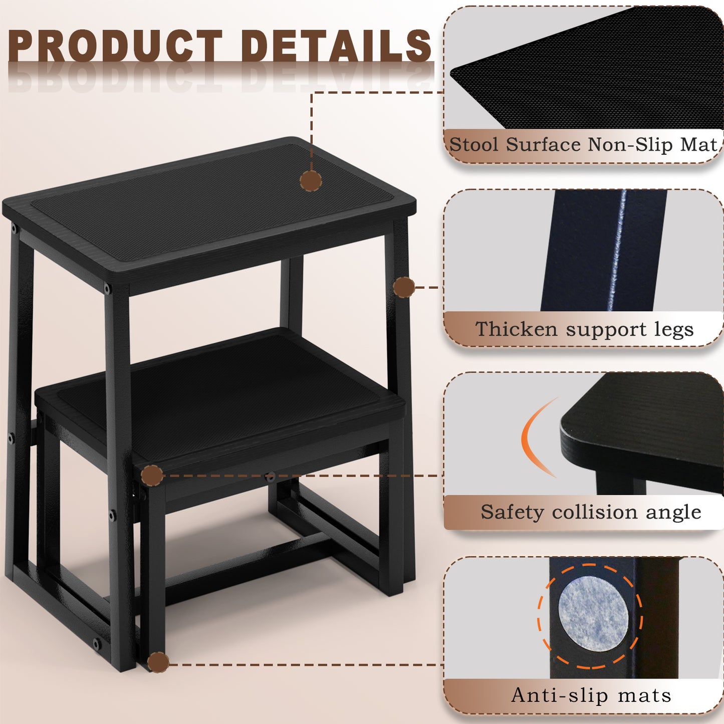 B2B Two Step Stool for Adults,Holds up to 500Lb,Wooden&Metal Frame. SK402