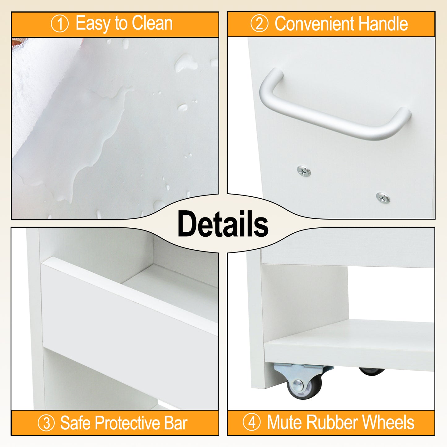 3 Tier 7.9" W Wood Rolling Storage Cart with Handle Mobile Shelving Unit for Small Places. KS413