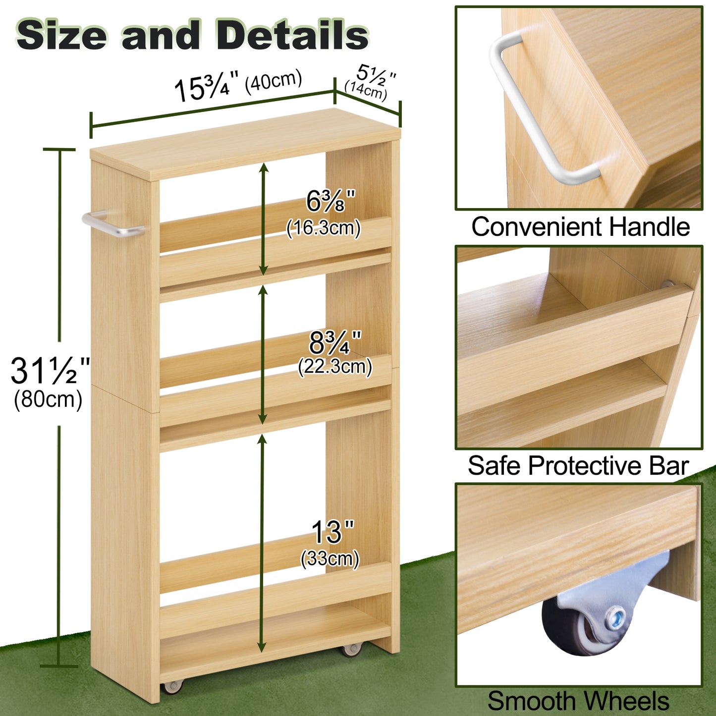 B2B 4-Tier Slim Storage Cart with Handles, Rolling Pull-Out Organizer. KS4