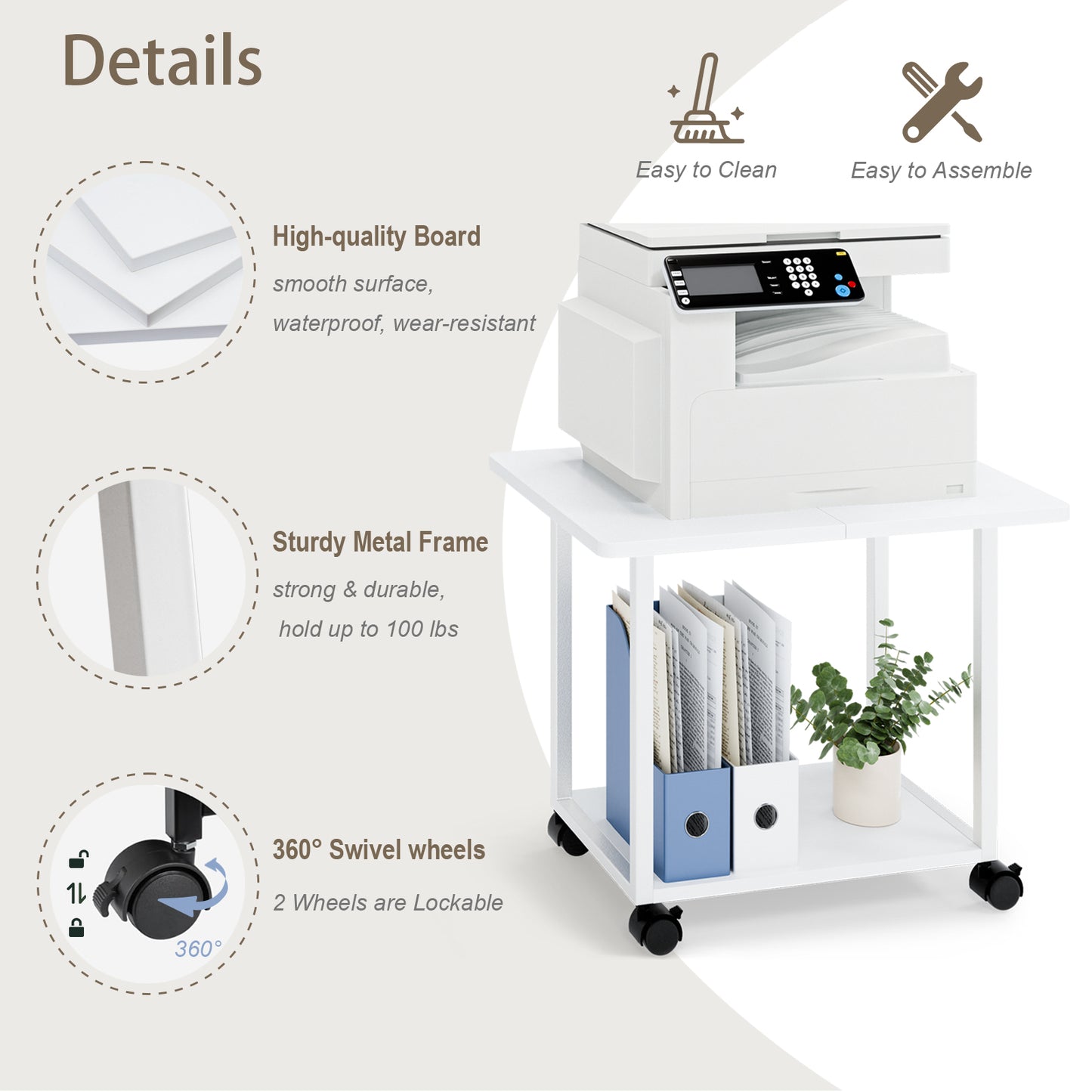 22"x15.75" Large Under Desk Printer Stand. 2-Tier Rolling Printer Cart with Wheels. KS200