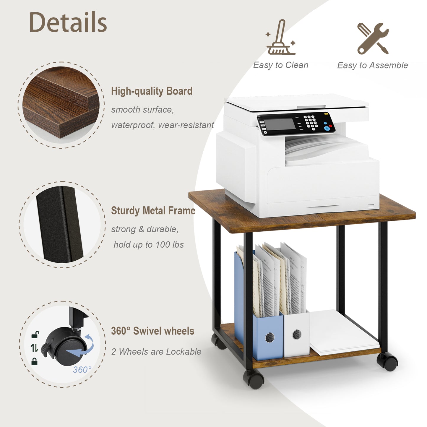 22"x15.75" Large Under Desk Printer Stand. 2-Tier Rolling Printer Cart with Wheels. KS200