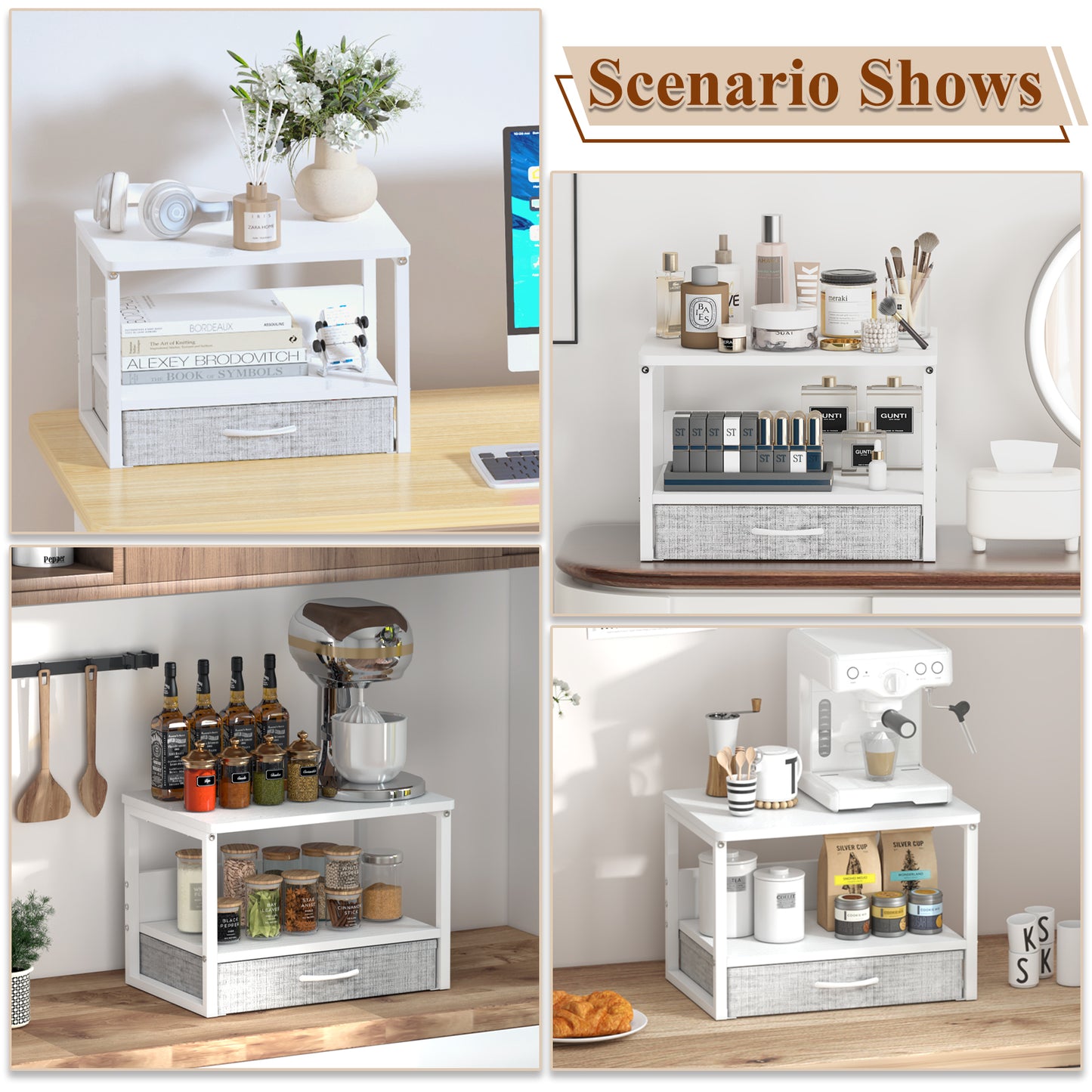B2B Printer Stand with Storage Drawer for Desk, 2-Tier Desktop Shelf Organzier. KS0011