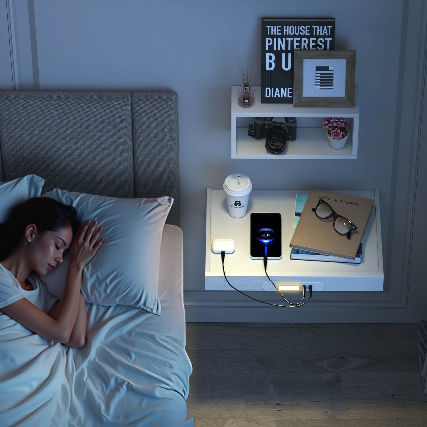 Wall Mounted Folding Bedside Shelf with LED & USB-C Ports. RSW430C