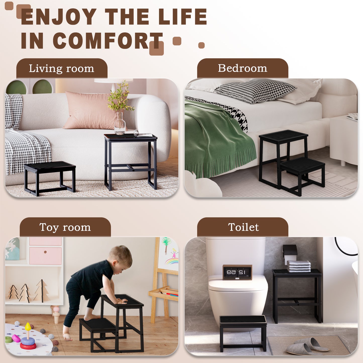 B2B Two Step Stool for Adults,Holds up to 500Lb,Wooden&Metal Frame. SK402
