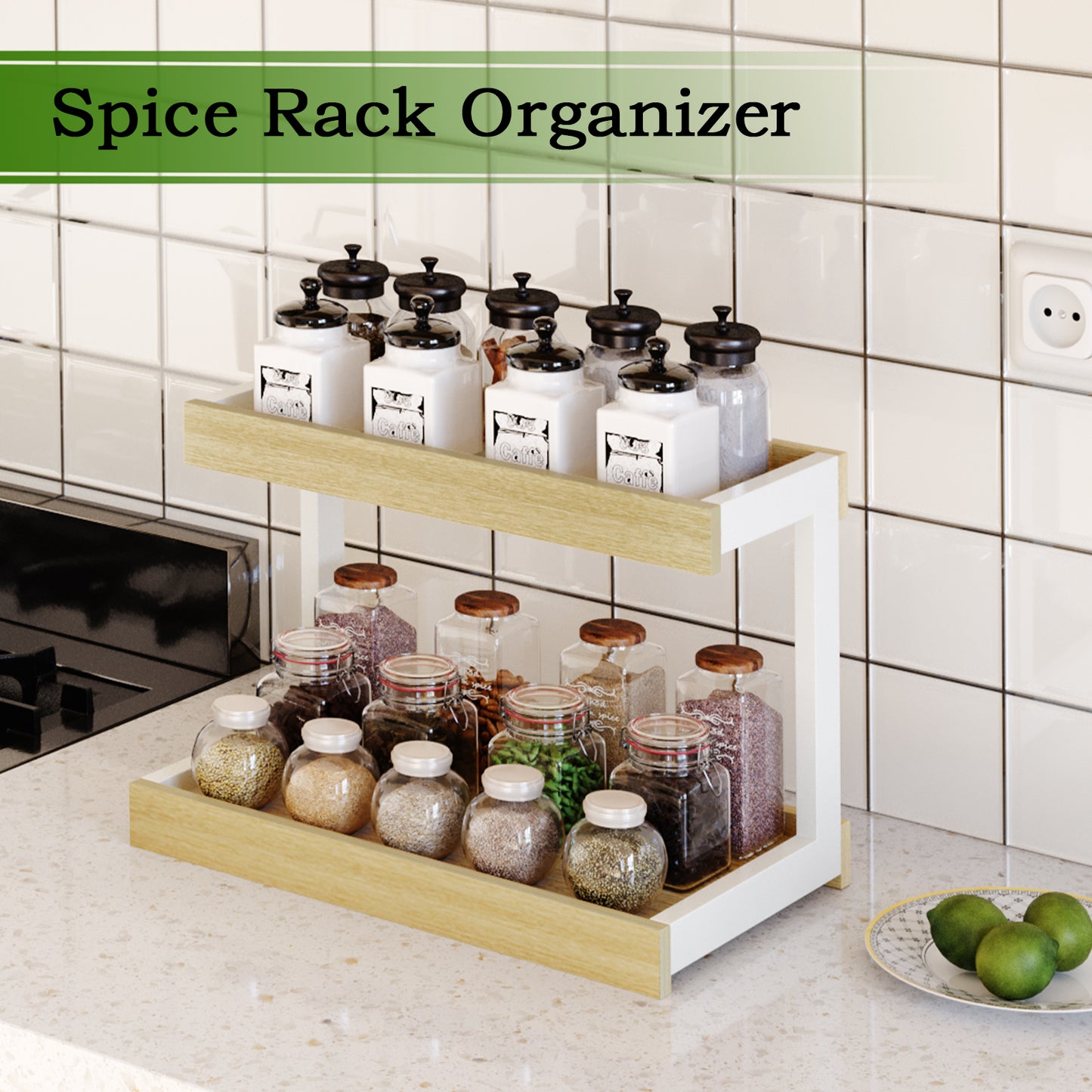 2 Tier Spice Rack Organizer for Countertop, Counter Shelf Desktop Storage. KS002
