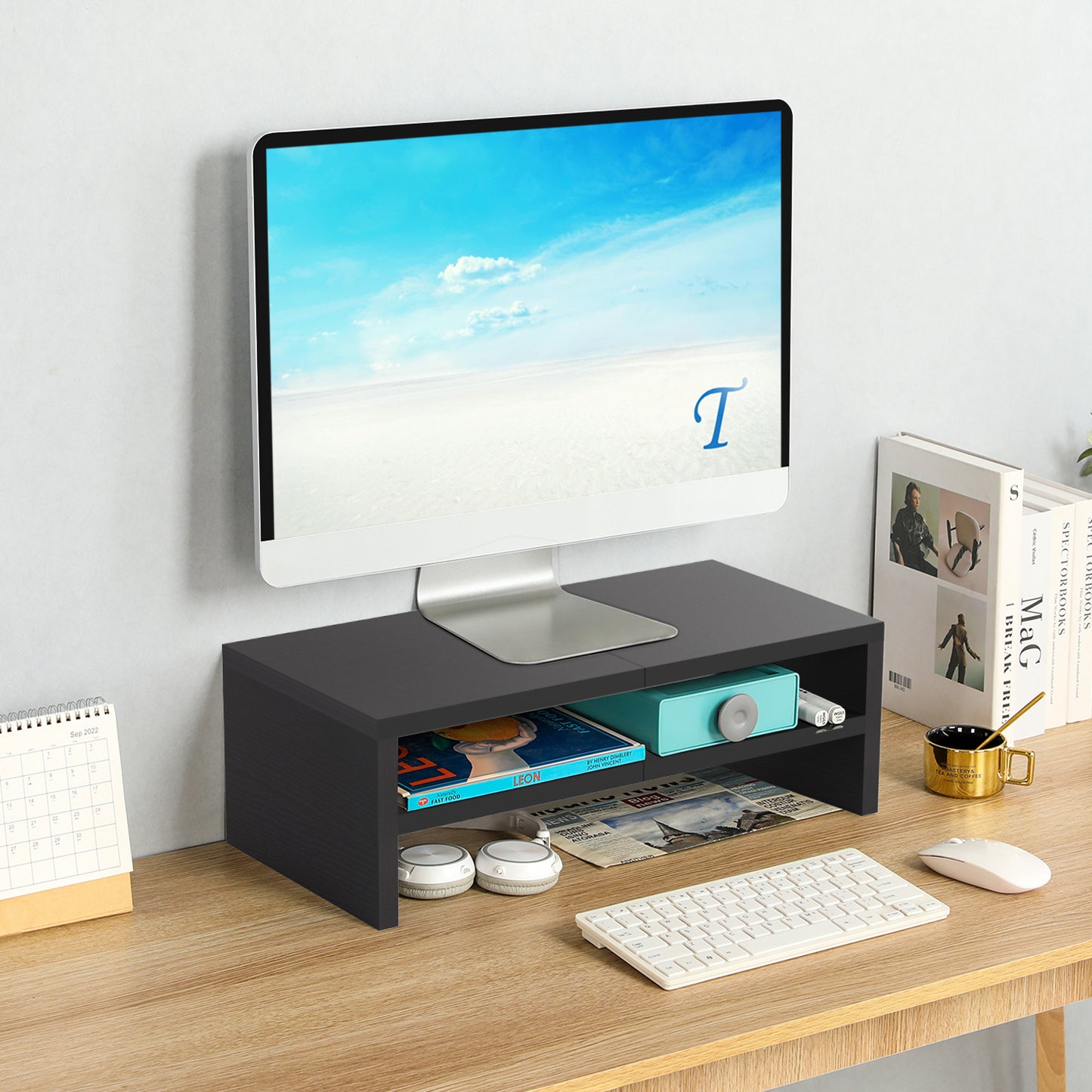 2 Tiers 20 Inch Wooden Printer Desktop Monitor Stand Riser with Double Storage. DS502
