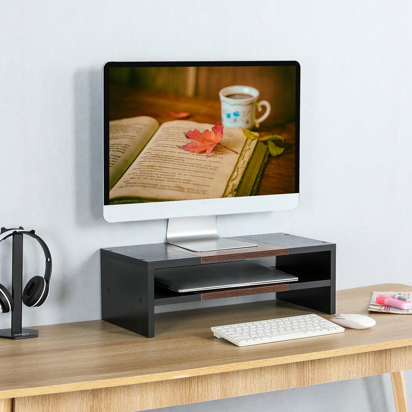 2 Tiers 20 Inch Wooden Printer Desktop Monitor Stand Riser with Double Storage. DS502