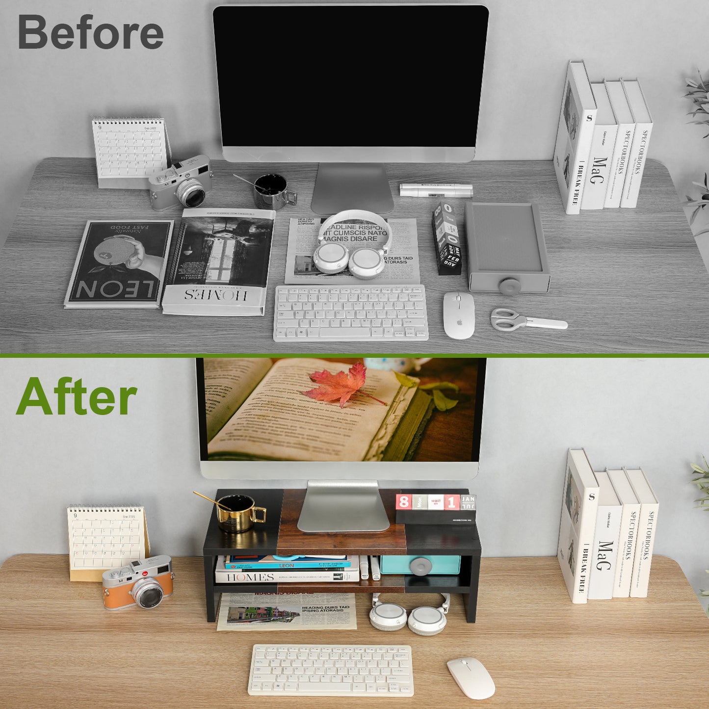 2 Tiers 20 Inch Wooden Printer Desktop Monitor Stand Riser with Double Storage. DS502