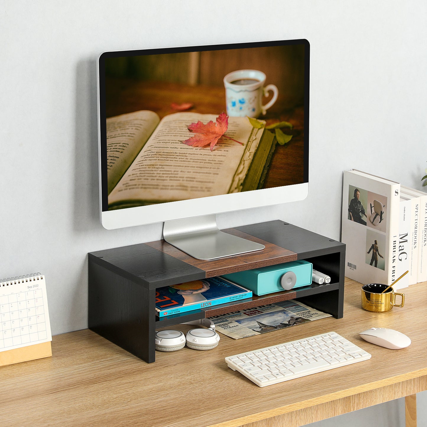 2 Tiers 20 Inch Wooden Printer Desktop Monitor Stand Riser with Double Storage. DS502