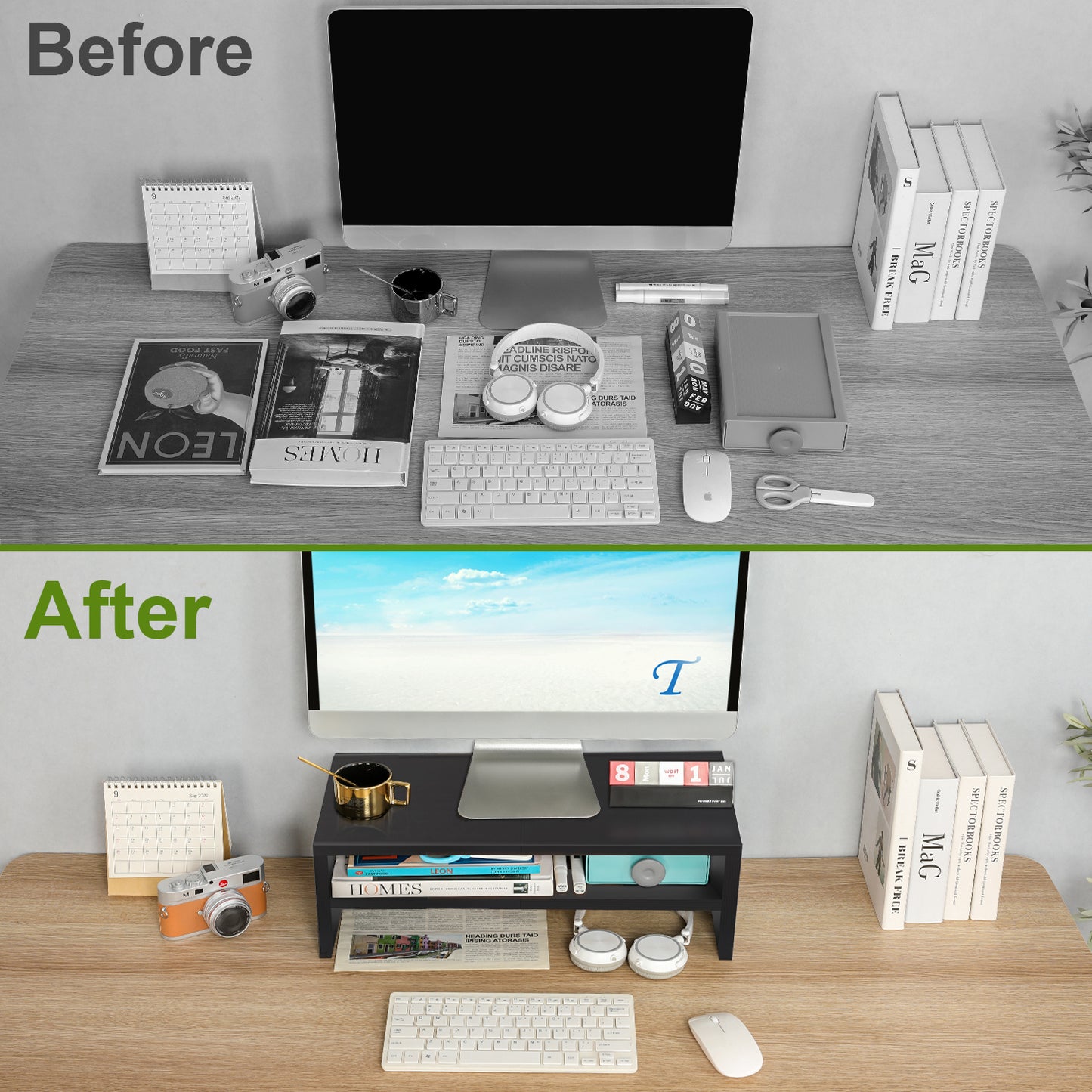 2 Tiers 20 Inch Wooden Printer Desktop Monitor Stand Riser with Double Storage. DS502