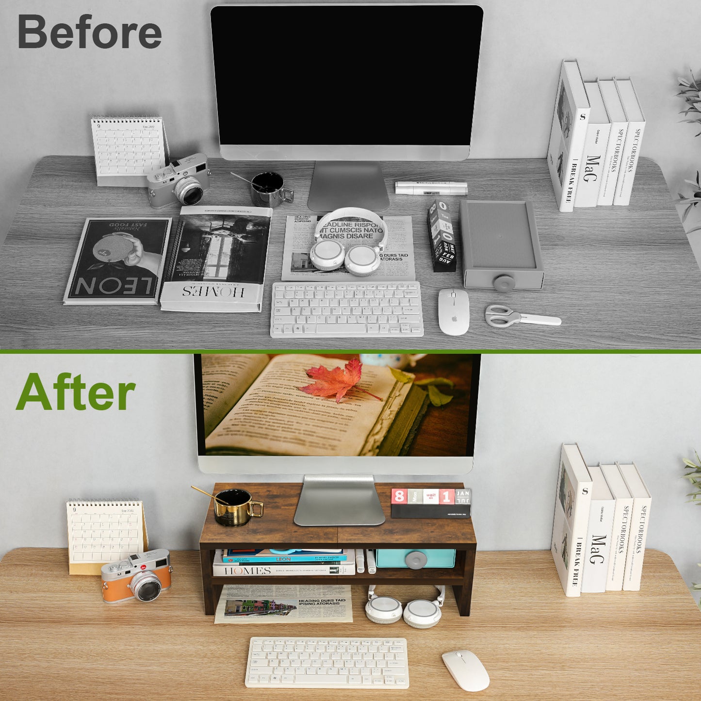 2 Tiers 20 Inch Wooden Printer Desktop Monitor Stand Riser with Double Storage. DS502