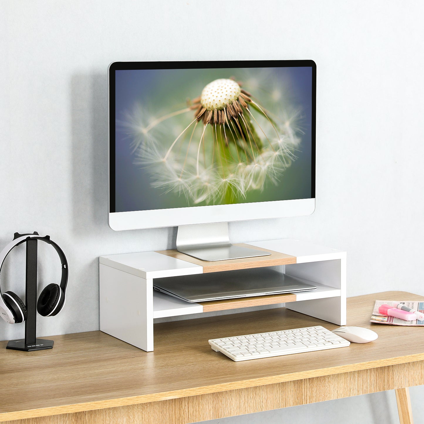 2 Tiers 20 Inch Wooden Printer Desktop Monitor Stand Riser with Double Storage. DS502