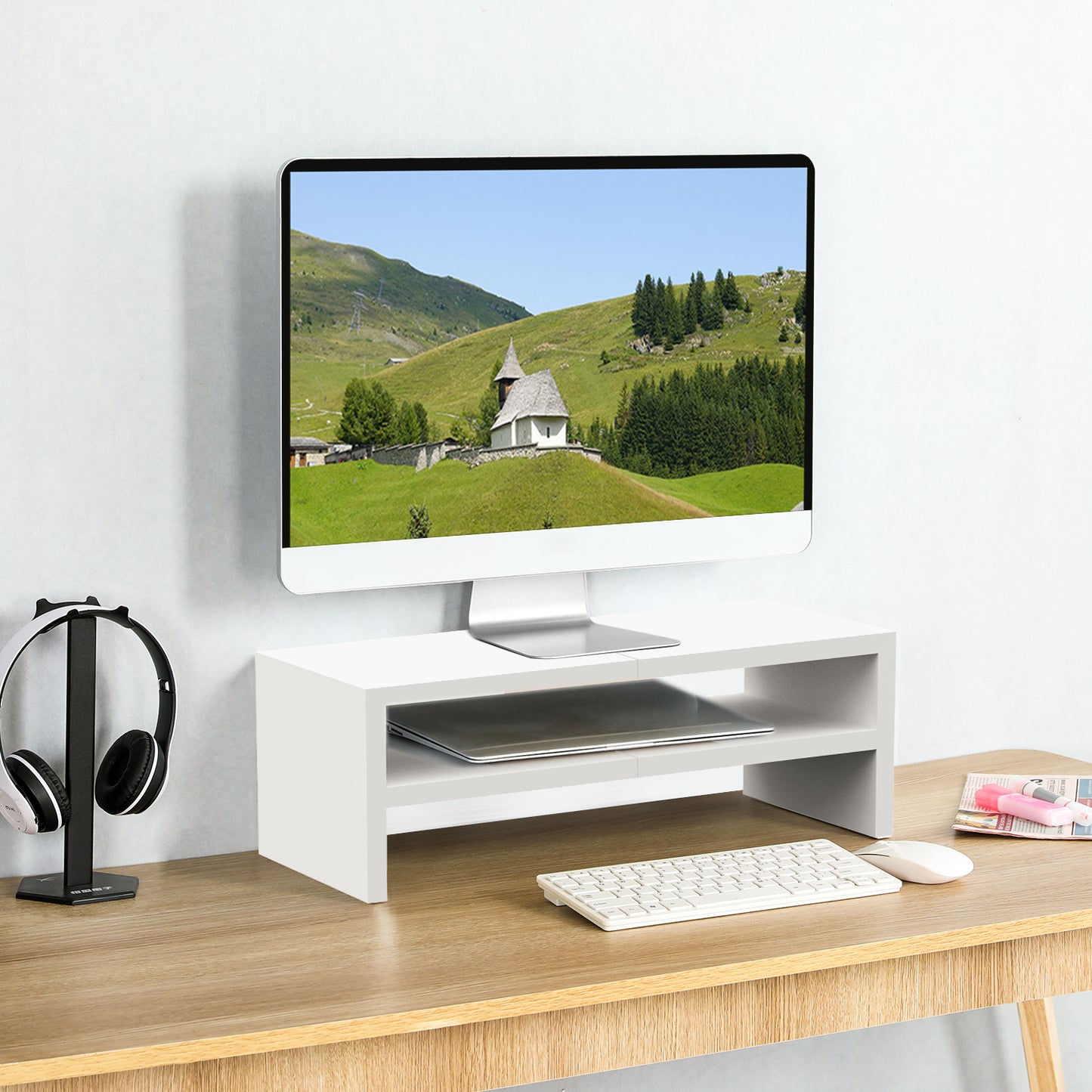 2 Tiers 20 Inch Wooden Printer Desktop Monitor Stand Riser with Double Storage. DS502