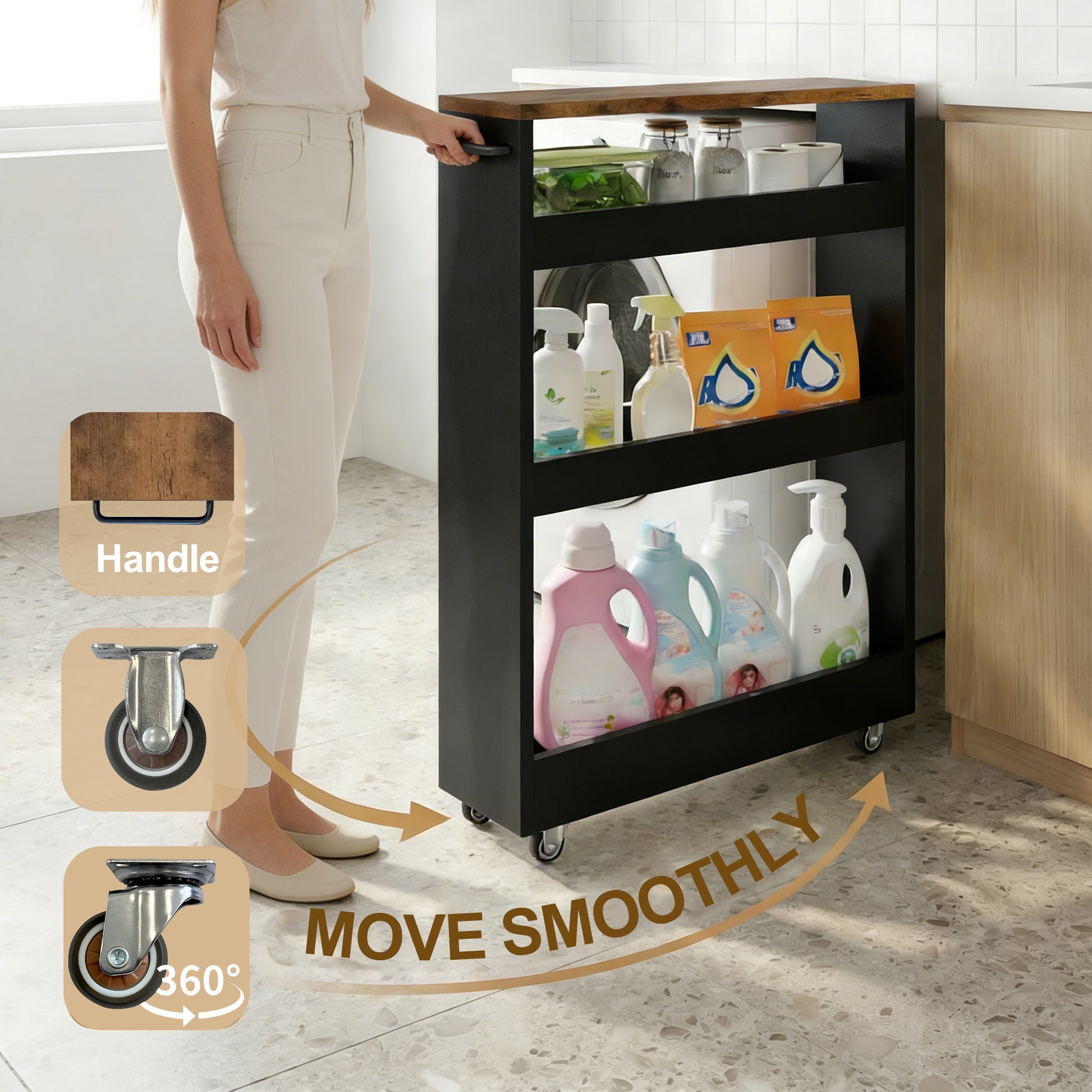 Rolling Cart Sideboard Bathroom Storage Cabinet Toilet Shelf black