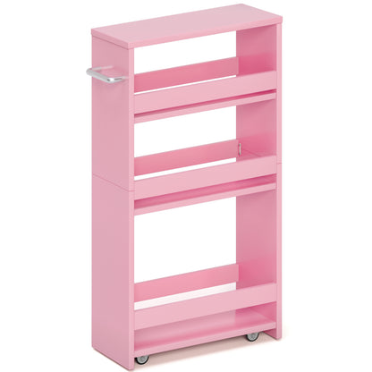 Rolling Utility Cart with Handle Slide Out Shelving Unit Organizer Trolley Slim Storage Cart Pink