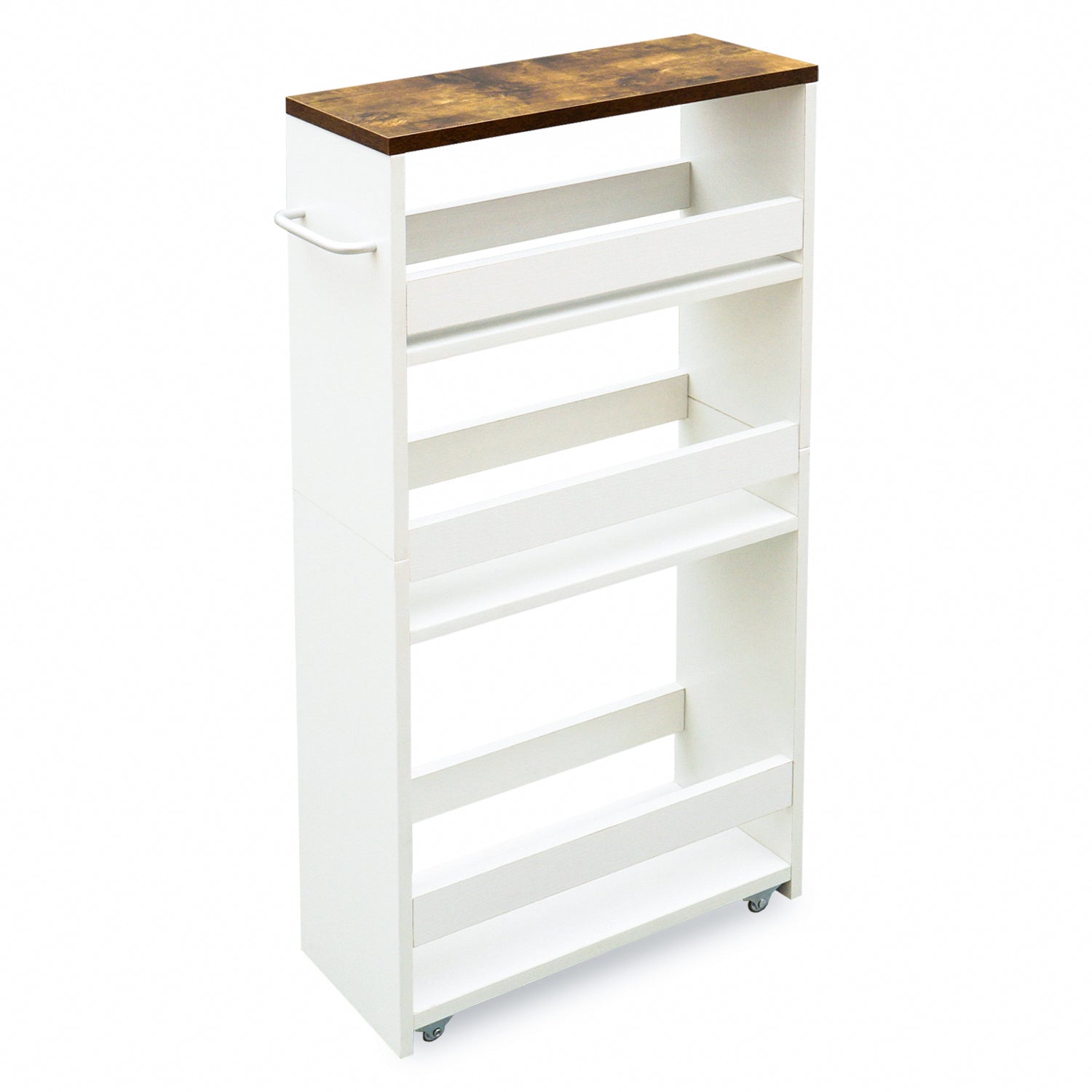 Rolling Utility Cart with Handle Slide Out Shelving Unit Organizer Trolley Slim Storage Cart White Brown