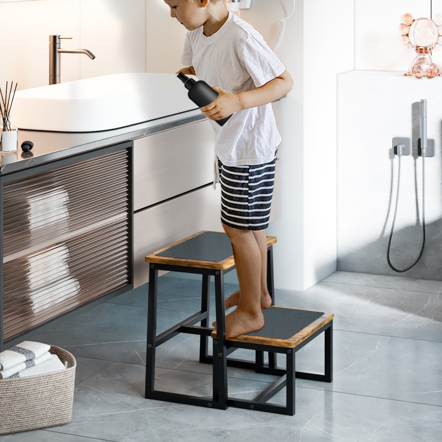 B2B Two Step Stool for Adults,Holds up to 500Lb,Wooden&Metal Frame. SK402