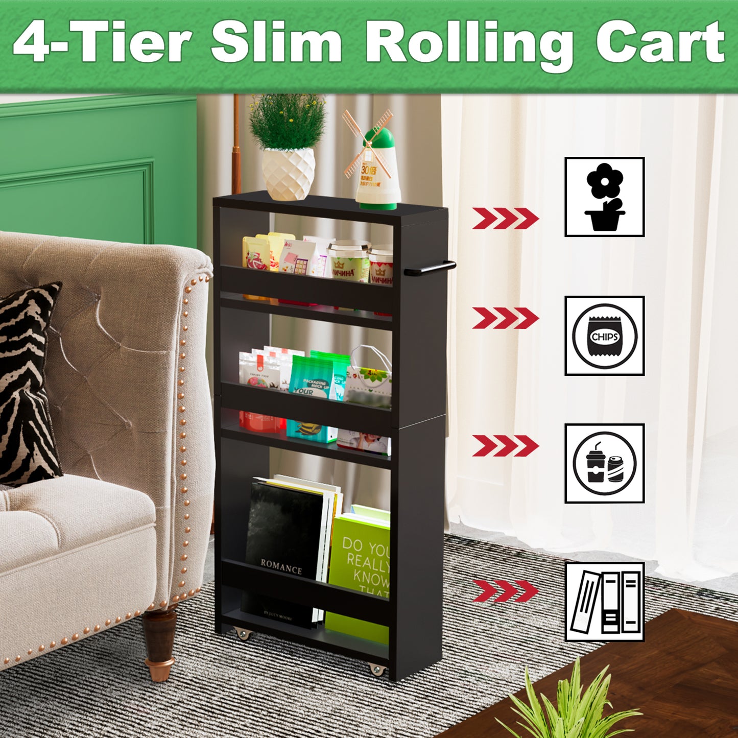 B2B 4-Tier Slim Storage Cart with Handles, Rolling Pull-Out Organizer. KS4