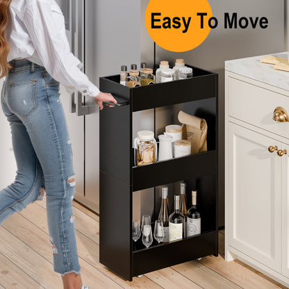 3 Tier 7.9" W Wood Rolling Storage Cart with Handle Mobile Shelving Unit for Small Places. KS413