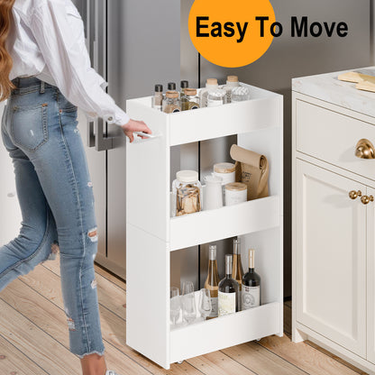 3 Tier 7.9" W Wood Rolling Storage Cart with Handle Mobile Shelving Unit for Small Places. KS413