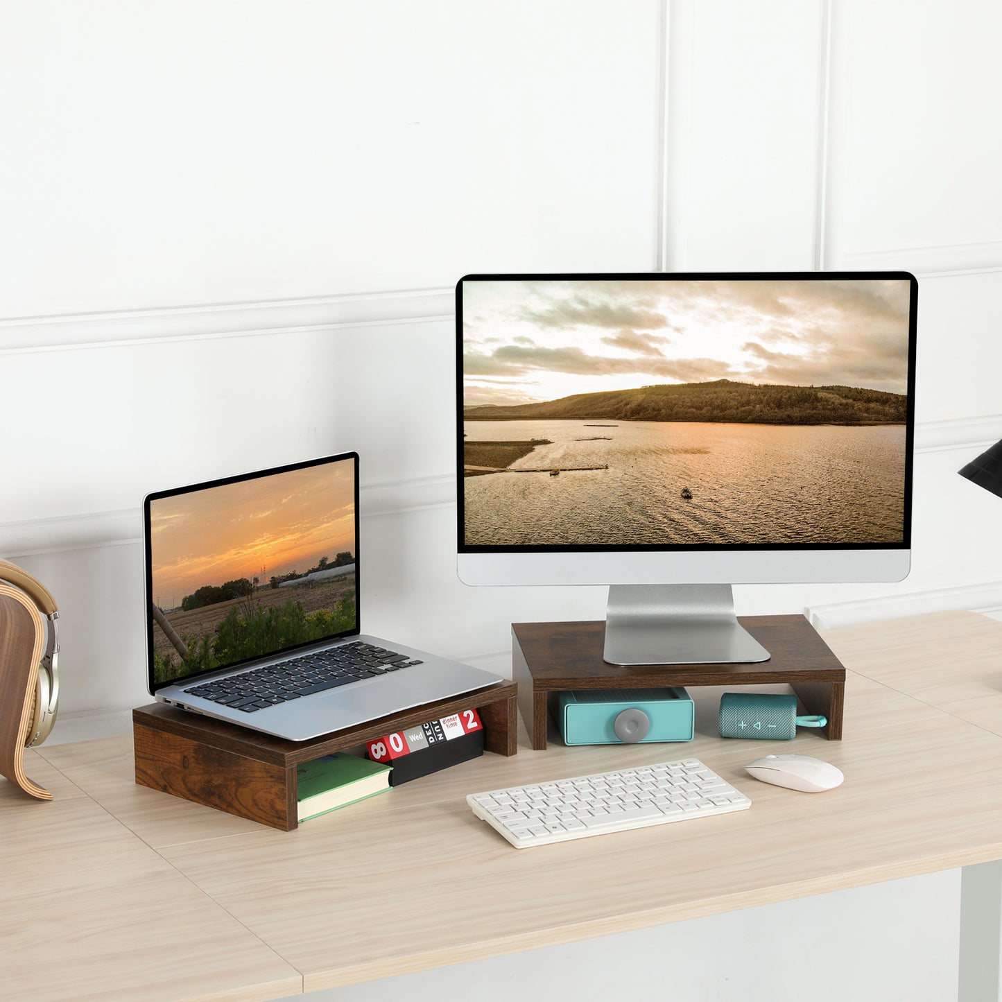 B2B 2 pack 14.2 inch  Wood Monitor Stand Riser with Storage. DS400x2
