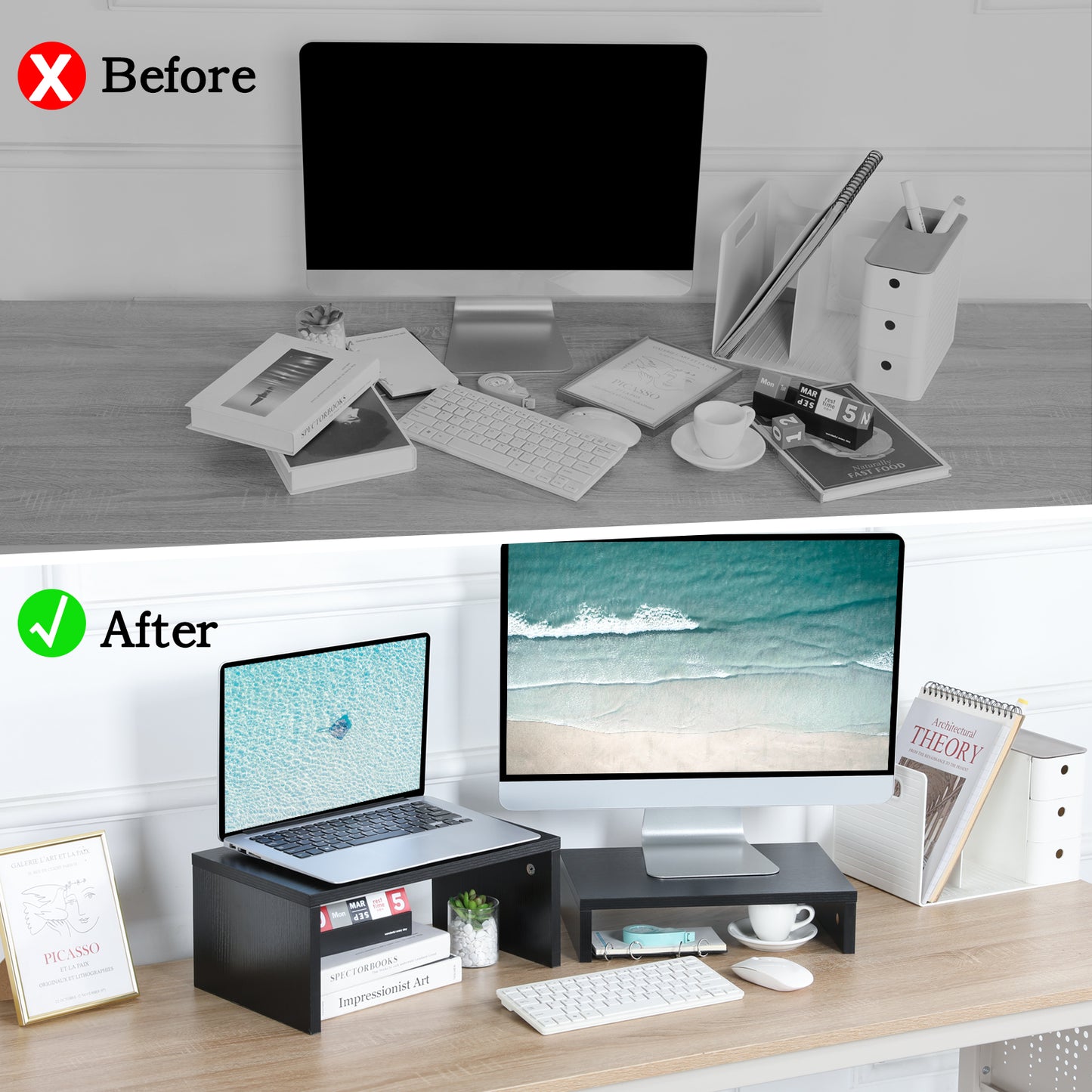 B2B Wood 2 Tier Adjustable Stand for 2 Monitors/Laptop/PC. DS402