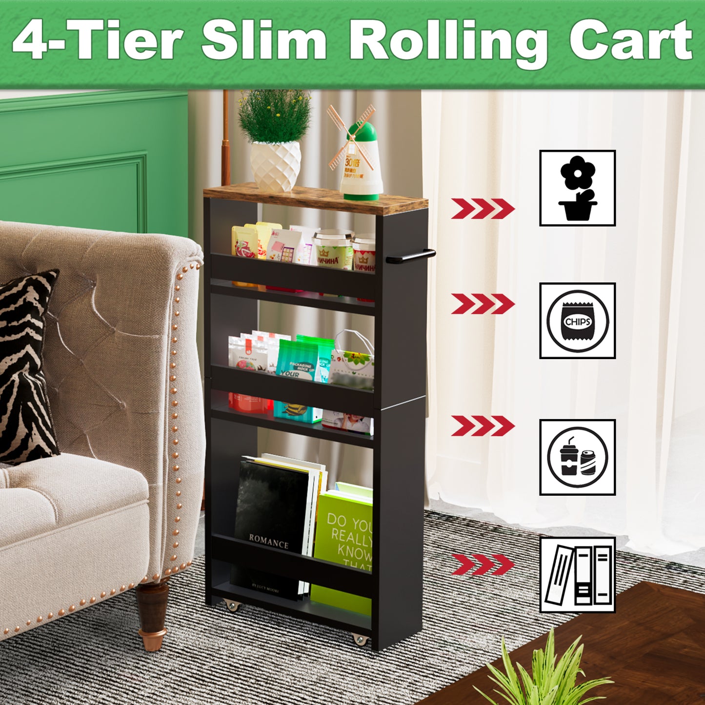 4-tier slim storage cart with handles, a pull-out rolling multifunctional cart suitable. KS4