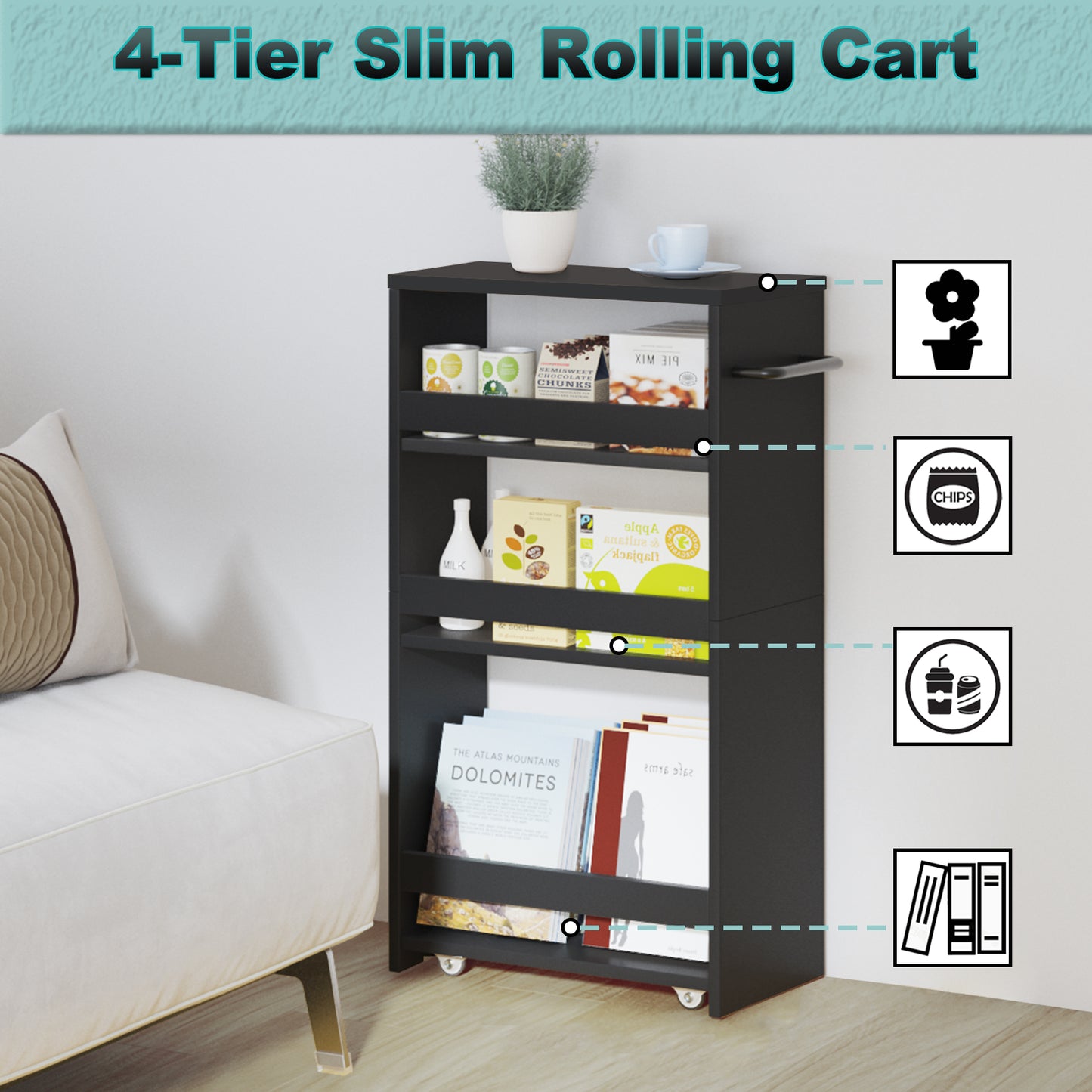 4-tier slim storage cart with handles, a pull-out rolling multifunctional cart suitable. KS4