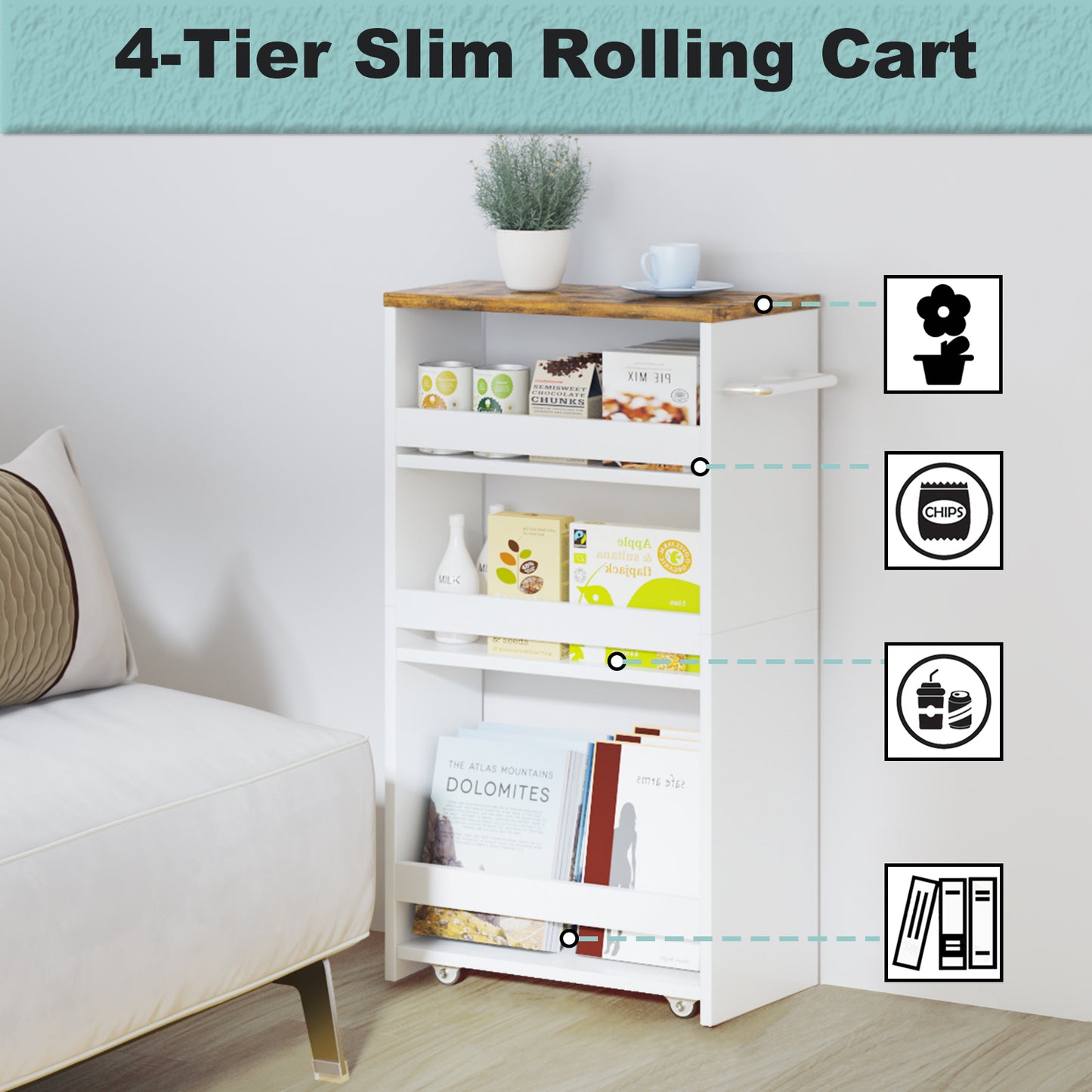 4-tier slim storage cart with handles, a pull-out rolling multifunctional cart suitable. KS4