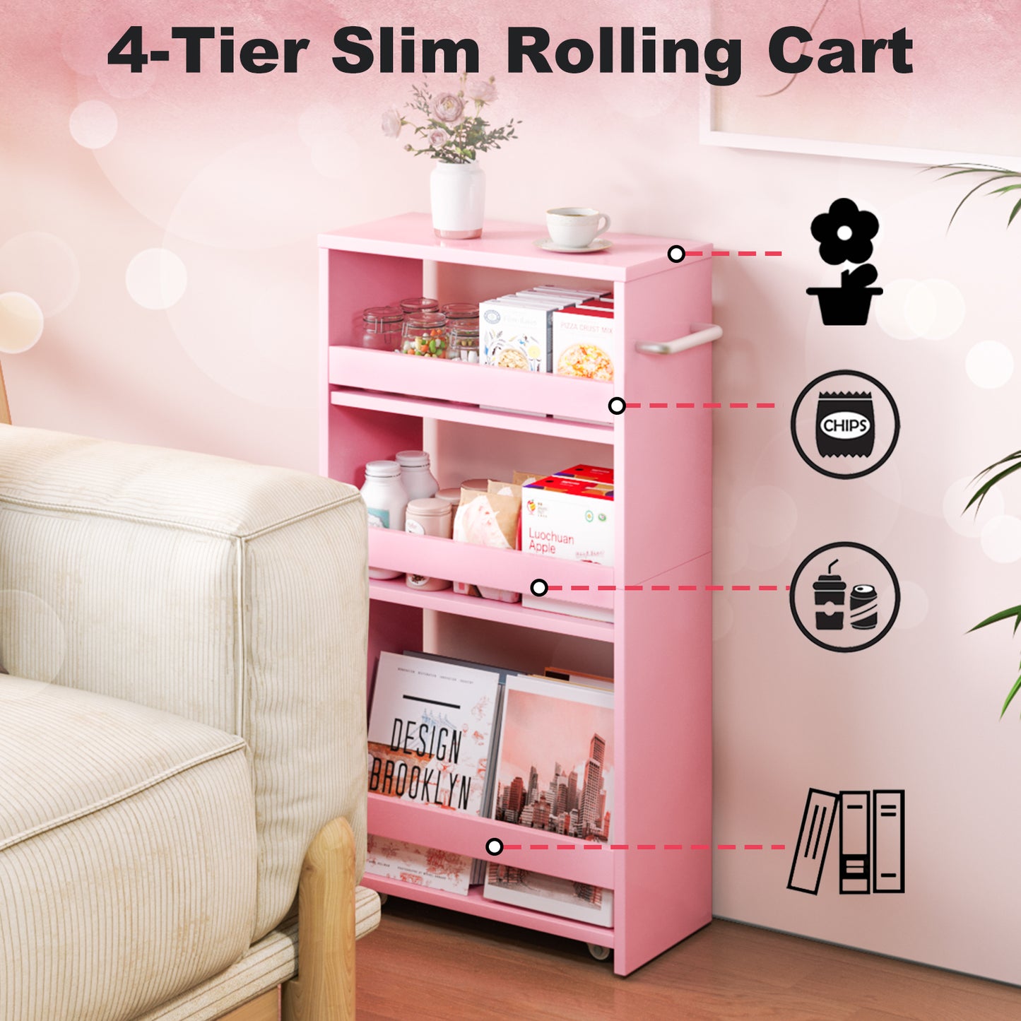 B2B 4-Tier Slim Storage Cart with Handles, Rolling Pull-Out Organizer. KS4
