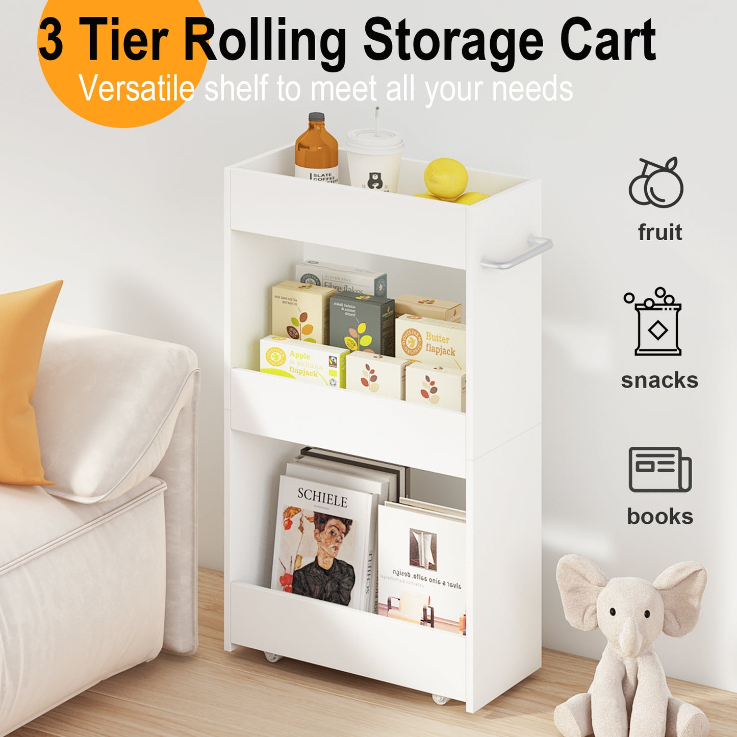 3 Tier 7.9" W Wood Rolling Storage Cart with Handle Mobile Shelving Unit for Small Places. KS413