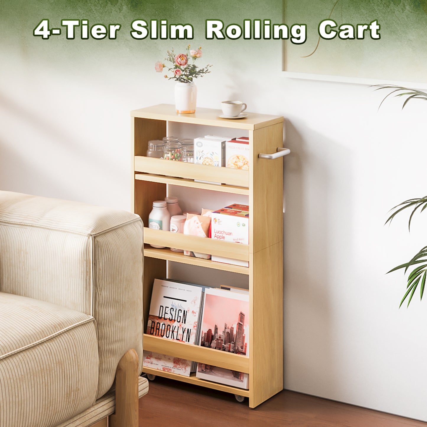 B2B 4-Tier Slim Storage Cart with Handles, Rolling Pull-Out Organizer. KS4