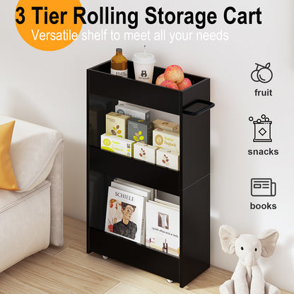 3 Tier 7.9" W Wood Rolling Storage Cart with Handle Mobile Shelving Unit for Small Places. KS413
