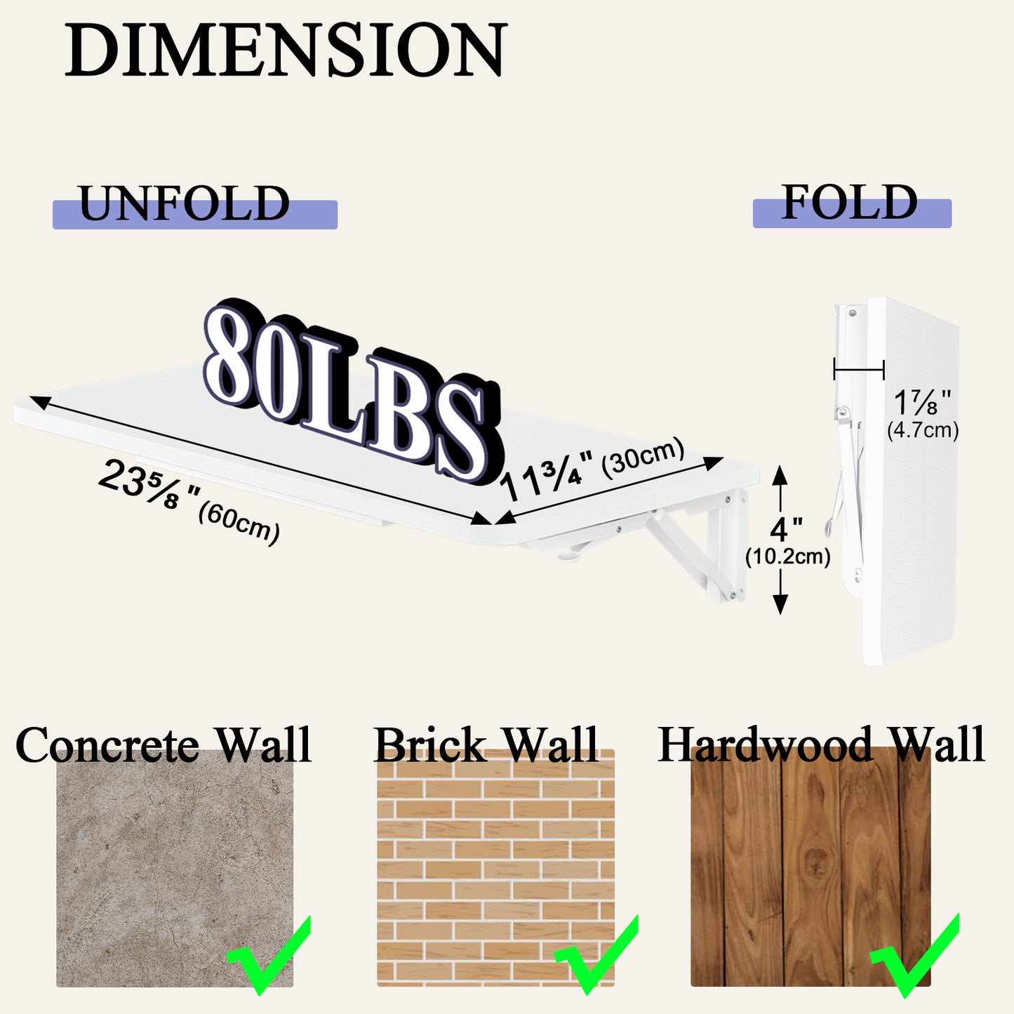 23.6"W x 11.8"D Folding Wall Table, Floating Desk for Small Spaces. RSW630