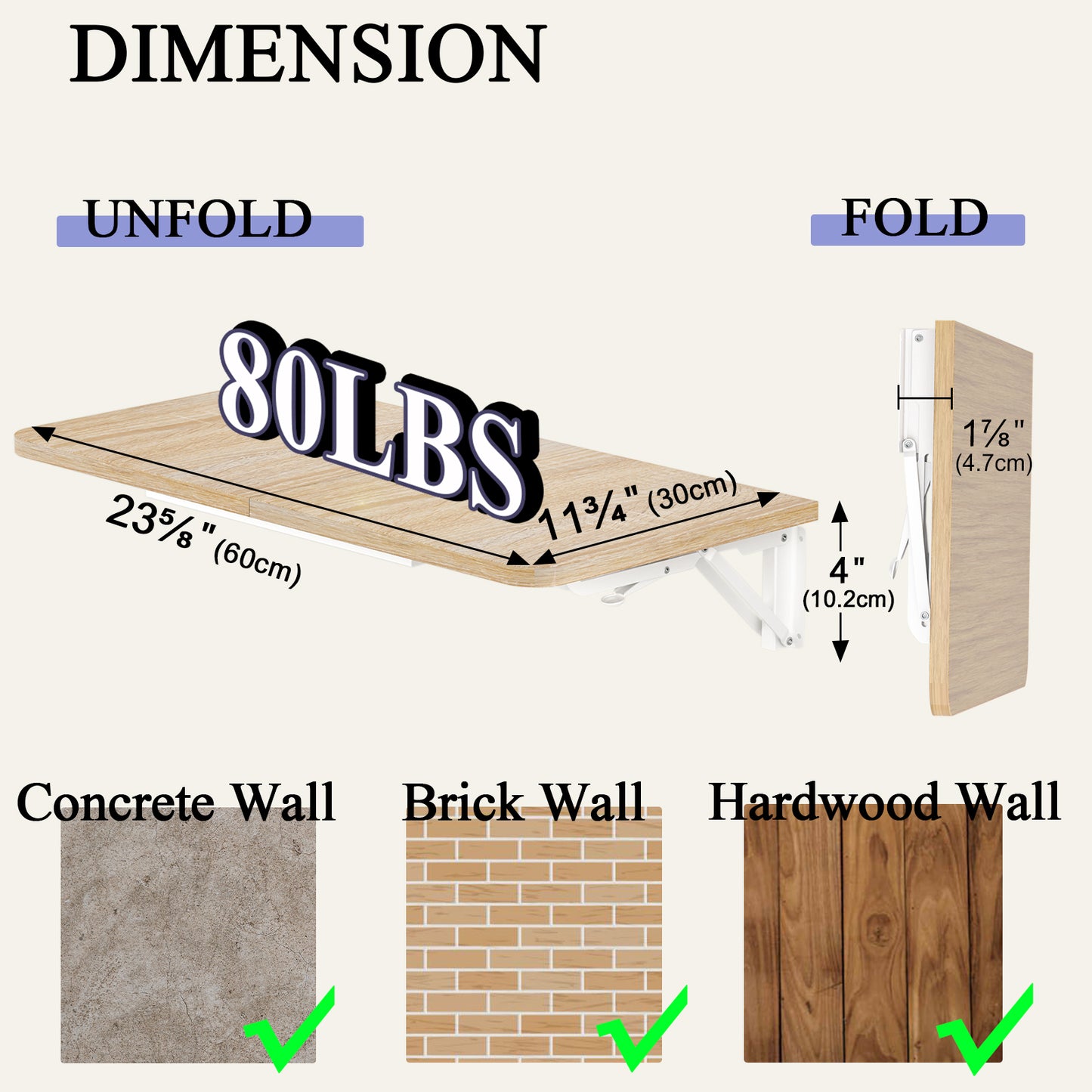 23.6"W x 11.8"D Folding Wall Table, Floating Desk for Small Spaces. RSW630