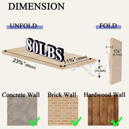 23.6"W x 11.8"D Folding Wall Table, Floating Desk for Small Spaces. RSW630