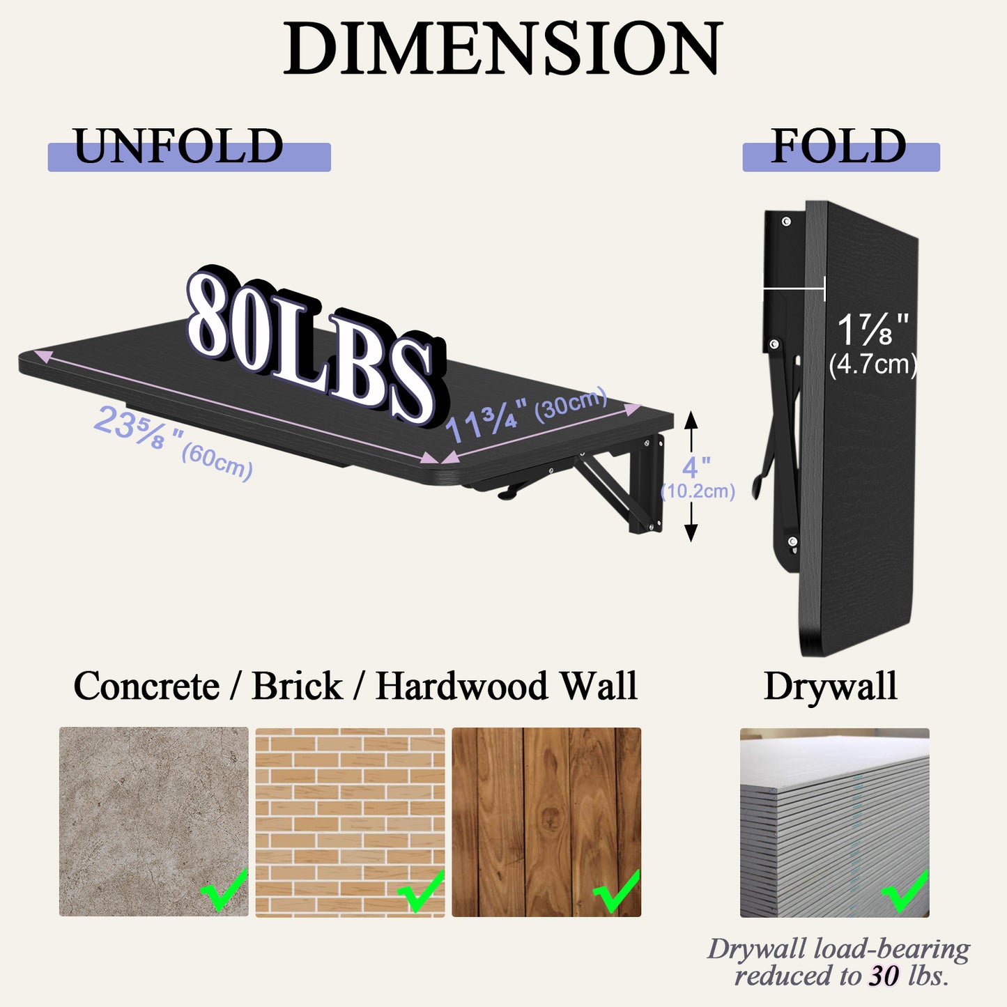 23.6"W x 11.8"D Folding Wall Table, Floating Desk for Small Spaces. RSW630