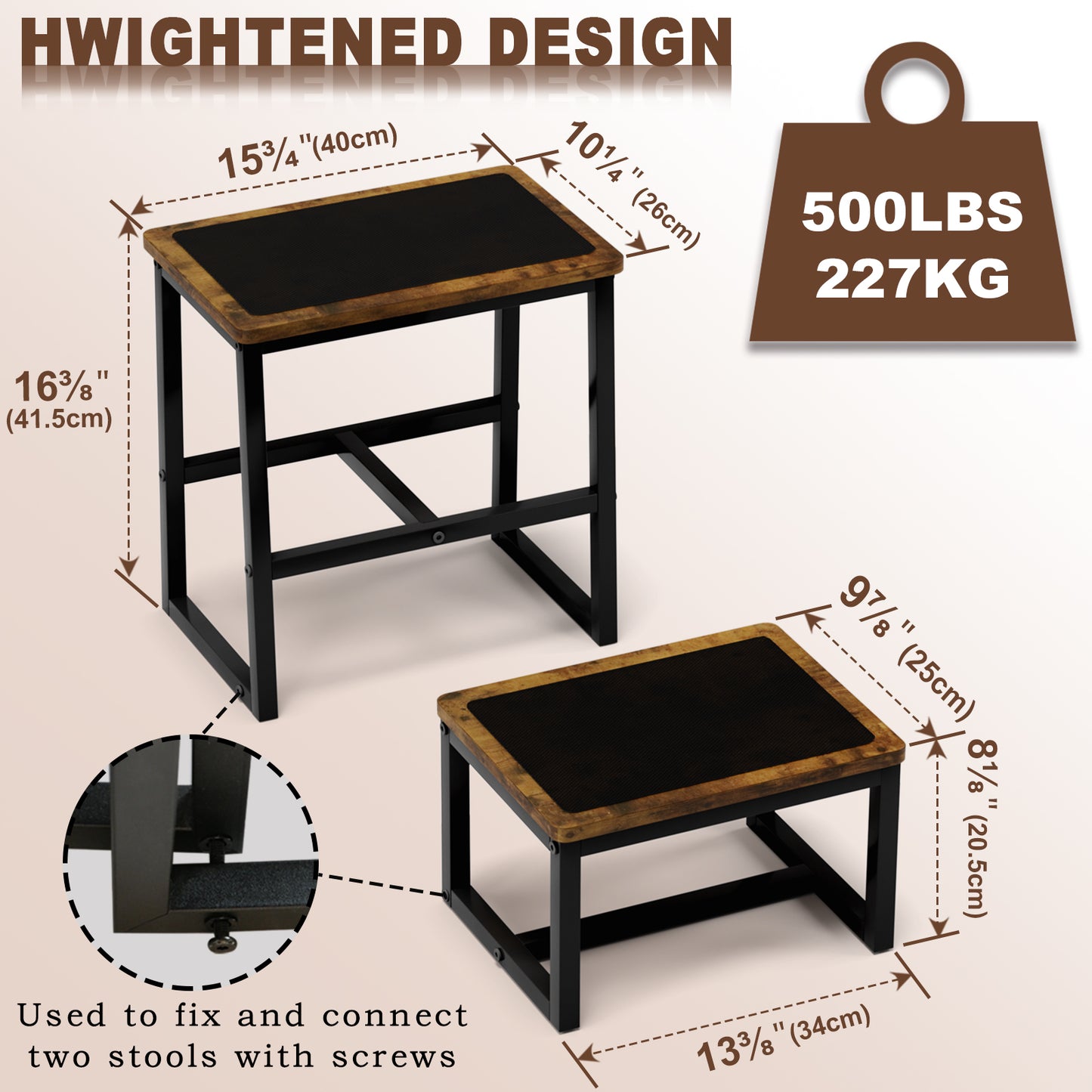 B2B Two Step Stool for Adults,Holds up to 500Lb,Wooden&Metal Frame. SK402