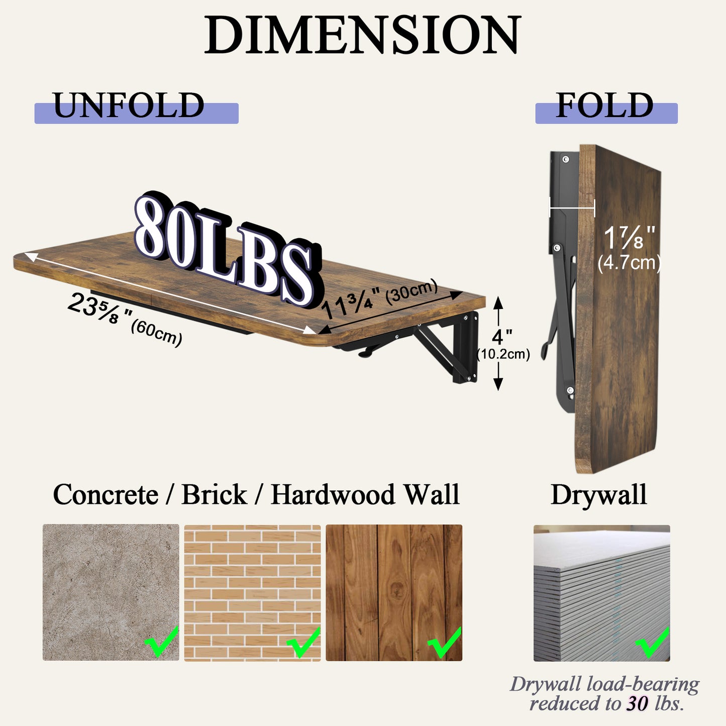 23.6"W x 11.8"D Folding Wall Table, Floating Desk for Small Spaces. RSW630
