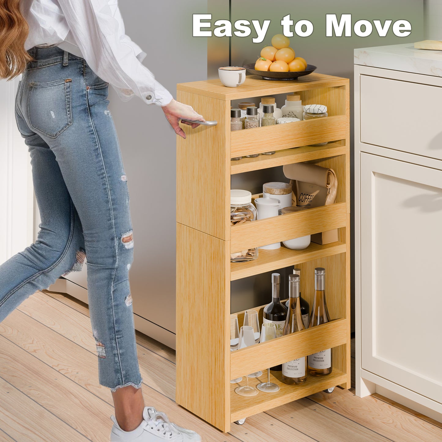 B2B 4-Tier Slim Storage Cart with Handles, Rolling Pull-Out Organizer. KS4